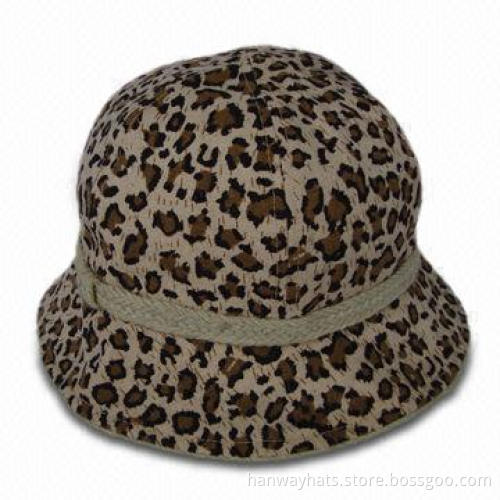 Women's Bucket Hat, Leopard Cheetah Print, Canvas Fashion with Jute Braid Band and Flat Bow Trim